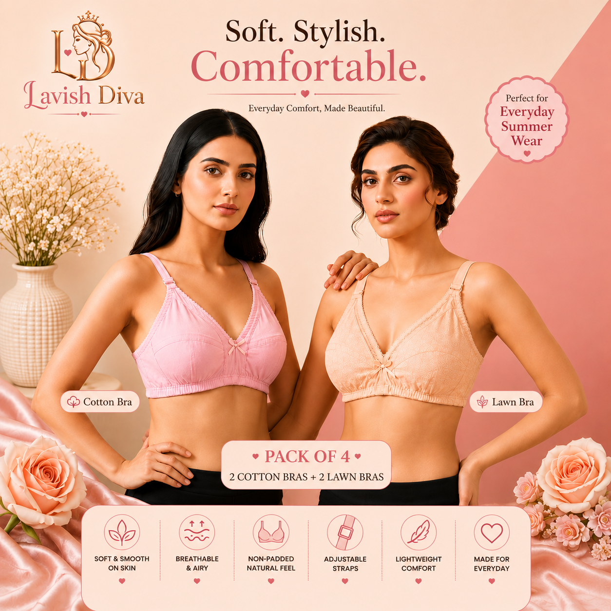 Pack of 4 Everyday Comfort Bras – 2 Cotton + 2 Lawn Bras