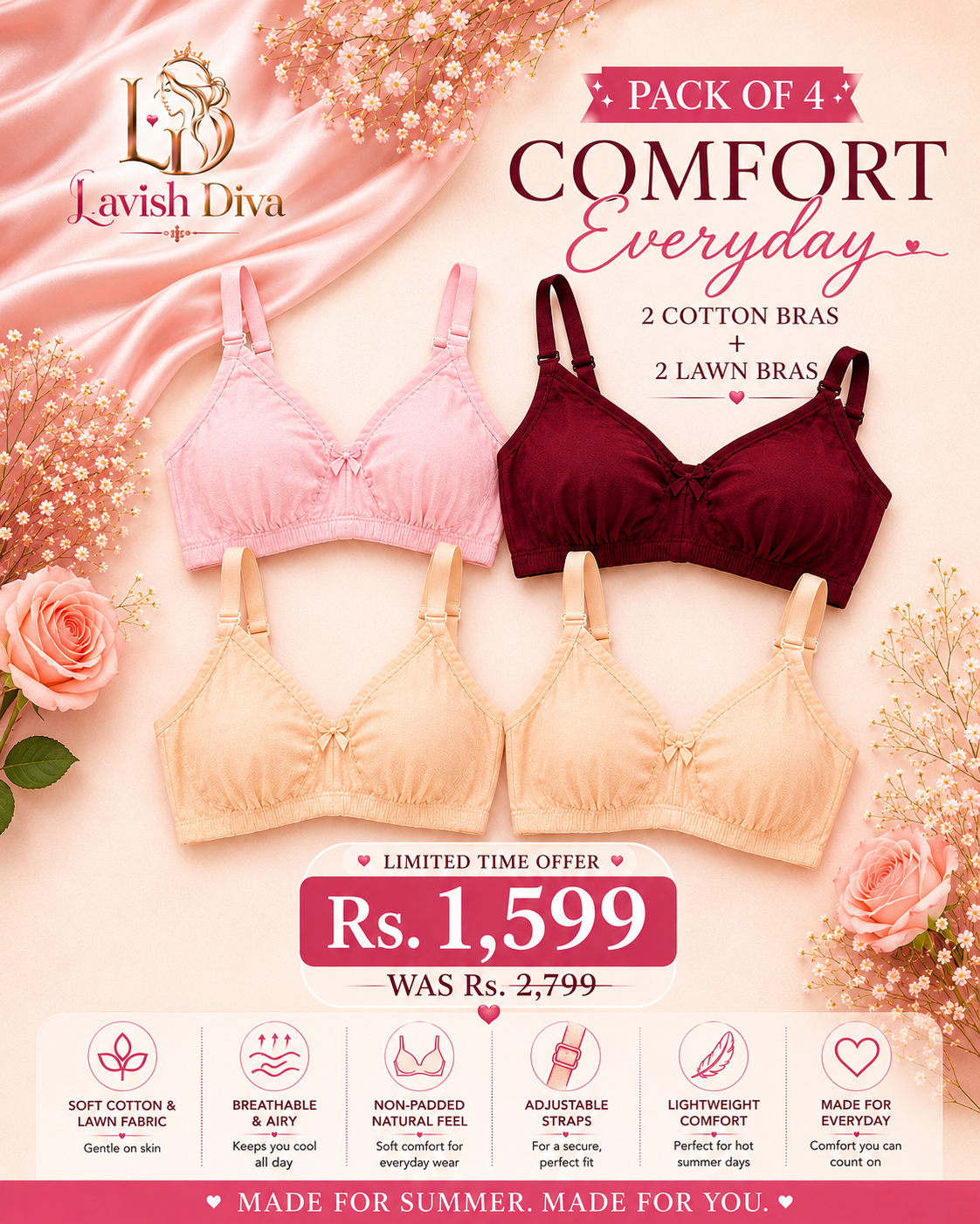 Pack of 4 Everyday Comfort Bras – 2 Cotton + 2 Lawn Bras